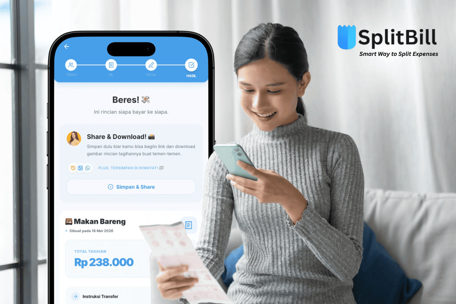 Ilustrasi anak muda menggunakan aplikasi split bill saat makan bersama
