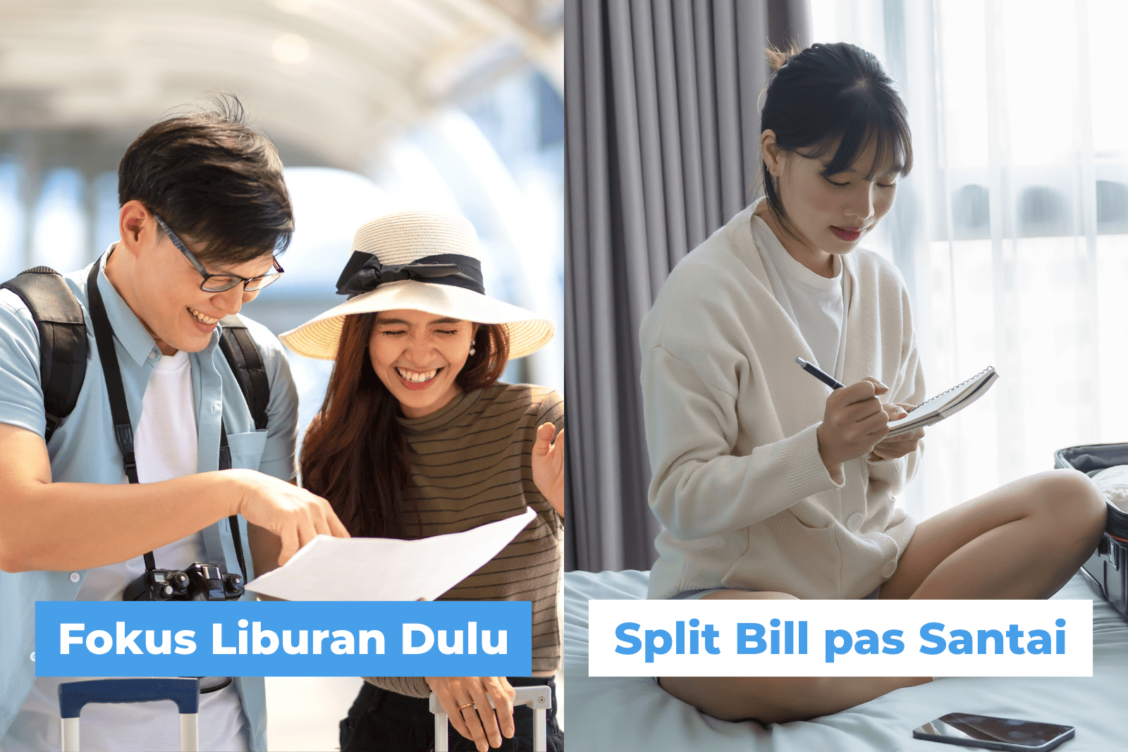 Sekelompok teman sedang traveling dan mengatur split bill menggunakan smartphone